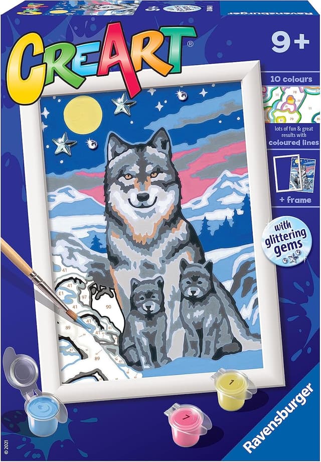 Detalle de Ravensburger CreArt Lupi al chiaro luna – Dipingere con i Numeri, kit pittura per bambini 9+