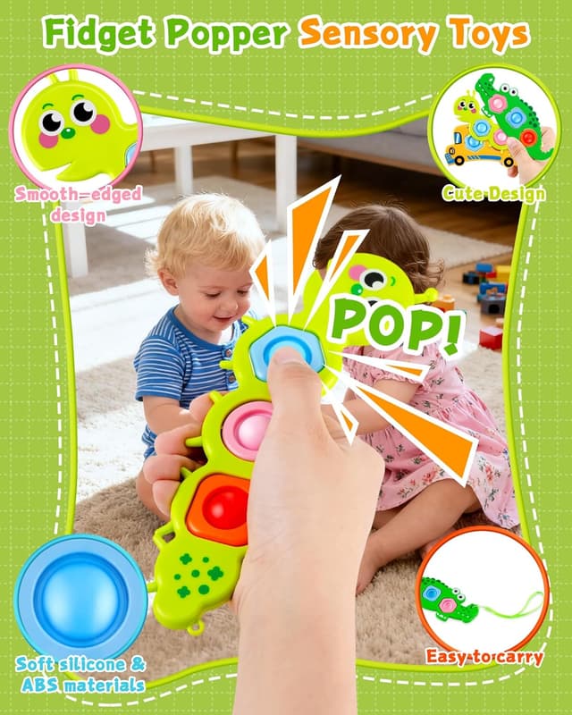 Detalle 2 de 4-teiliges Fidget Toys Set mit Bubble Popper: Raupe, Krokodil & Schulbus (ab 12 Monate)
