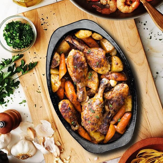 Detalle de JY COOKMENT Granite Roaster Pan (Small, 13") with Domed Lid – Enamel Enameled Oval Roasting Pot for Small Turkey/Chicken