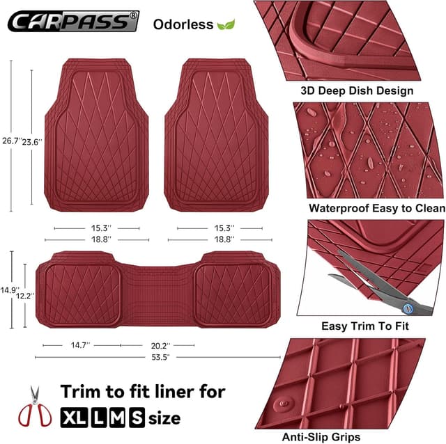 Detalle de CAR PASS Heavy Duty Rubber Car Floor Mats (3-Piece) — Waterproof Universal Trim-to-Fit All-Weather in Burgundy Red