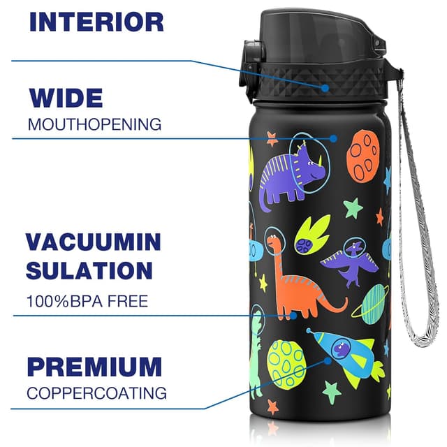 Detalle de GOPPUS Kinder Trinkflasche aus Edelstahl 550 ml mit Strohhalm und Flip-Top-Deckel (18 oz), auslaufsicher