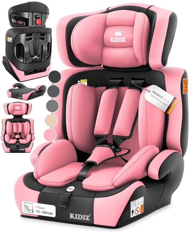 Detalle de KIDIZ Autokindersitz i-Size R129 100–150 cm (bis 12 Jahre), Autokindersitz Gruppe 1/2/3 ohne ISOFIX – Rosa
