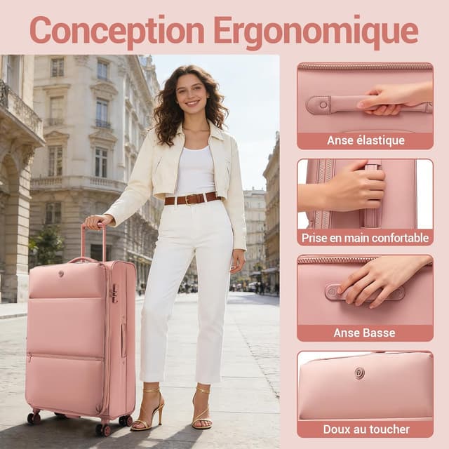 Thumbnail 6 de Miss Lulu Valise Grande Taille 30 pouces extensible 85 cm, 112 L, tissu nylon 75D/750D imperméable, roues 360° et serrure TSA (rose)