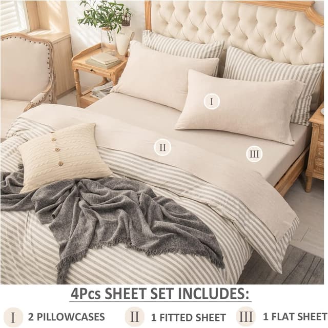 Detalle 2 de PURE ERA Jersey Knit 4-Piece Bed Sheet Set (100% Cotton, Queen, Extra Deep Pocket)