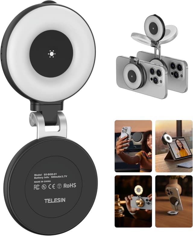 Detalle de TELESIN C03 Magnetic Selfie Light (3-in-1) – CRI97 360° portable phone fill light with mirror