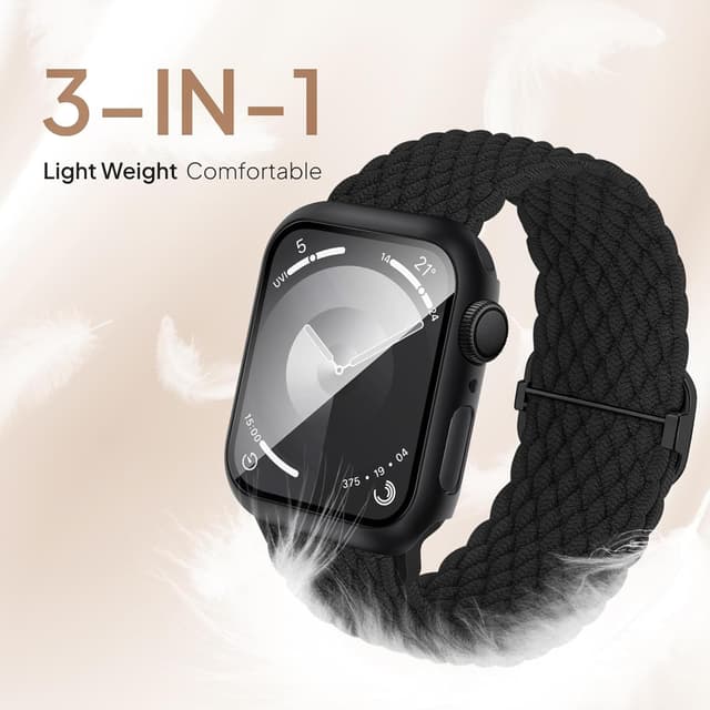 Detalle de Raradev 3-in-1 braided strap case & 9H tempered glass for Apple Watch (46mm, black) – compatible with SE3 & Series 11 to 4
