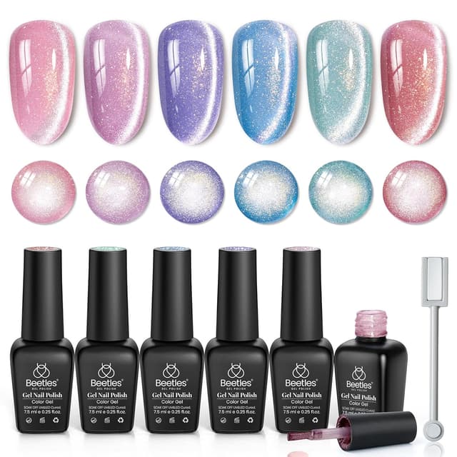 Detalle de Beetles Romantic Galaxy Cat Eye Gel Nail Polish Set (6 Colors) — UV/LED Glitter & Velvet Magnet Finish