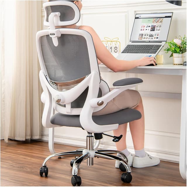 Detalle de TONFARY Ergonomic Office Chair (High Back Mesh) with Adjustable Lumbar, Flip-Up Arms & Removable Headrest – White + Grey