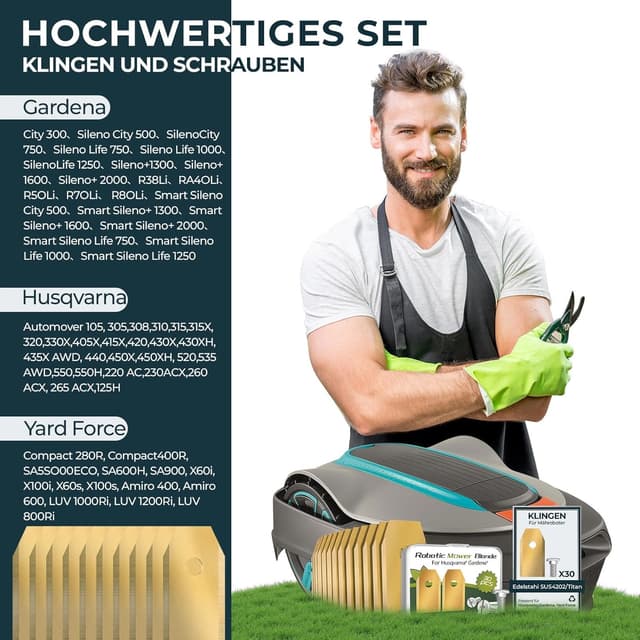 Detalle de 30x Titan Messer Ersatzmesser für Mähroboter – Messerset + 30 Schrauben für Husqvarna, Gardena & Yard Force