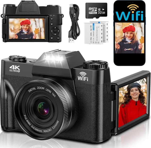 Imagen de TAUAHA 4K Digitalkamera mit WLAN, 75MP Kompaktkamera und 3-Zoll Klappdisplay (Vlogging, 32GB & 2 Akkus) en OfertitasTOP