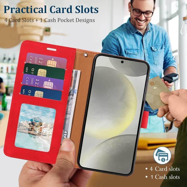 Detalle 2 de GOTOURED Wallet Case for Samsung Galaxy S24 (Red) with RFID Blocking, 4 Card Slots & Detachable Wrist Strap, Kickstand