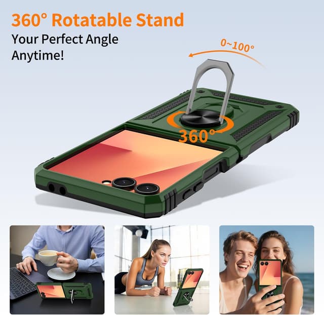 Detalle de Gritup Military-Grade Galaxy Z Flip 7 Case (Army Green) with 2 Outer Screen Protectors & Magnetic Kickstand