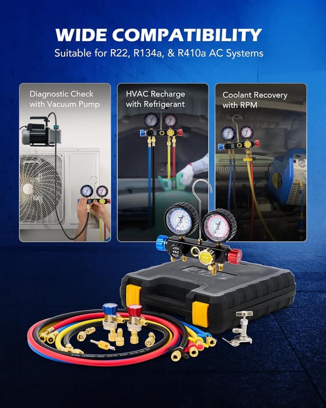 Detalle 2 de Orion Motor Tech 4-Way AC Gauge Set for R410a, R22 & R134a with 5 ft Hoses, Adapters & Can Tap