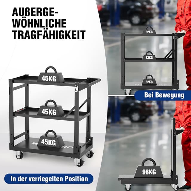Detalle de WORKPRO Servierwagen 3-in-1 klappbar – Rollwagen mit 3 Etagen für Küche, Werkstatt & Galerie