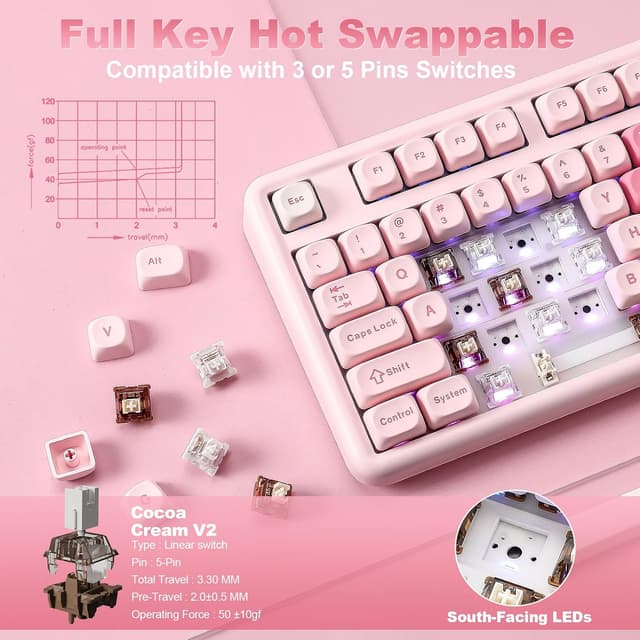 Detalle de YUNZII B87 drahtlose mechanische Tastatur (QMK/VIA, Gasket, RGB, BT5.0/2.4G/USB-C) mit Handballenauflage