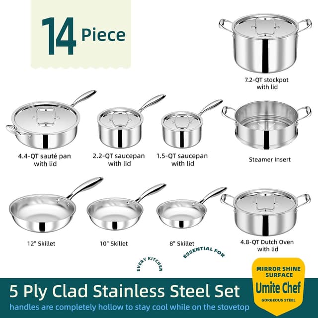 Detalle 2 de Umite Chef 5-Ply 14-Piece Cookware Set