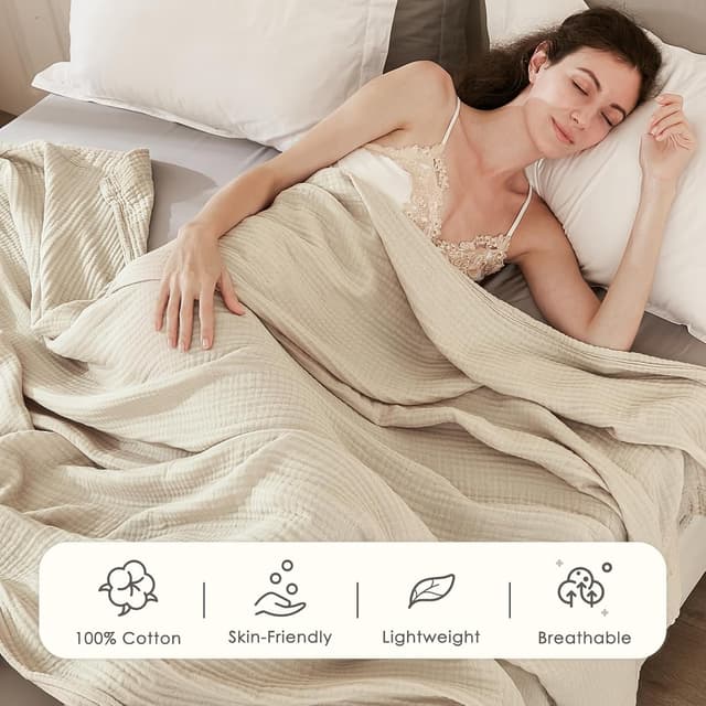 Detalle de EMME grande couverture en coton doux 230 x 230 cm pour lit Queen Size, toutes saisons, beige