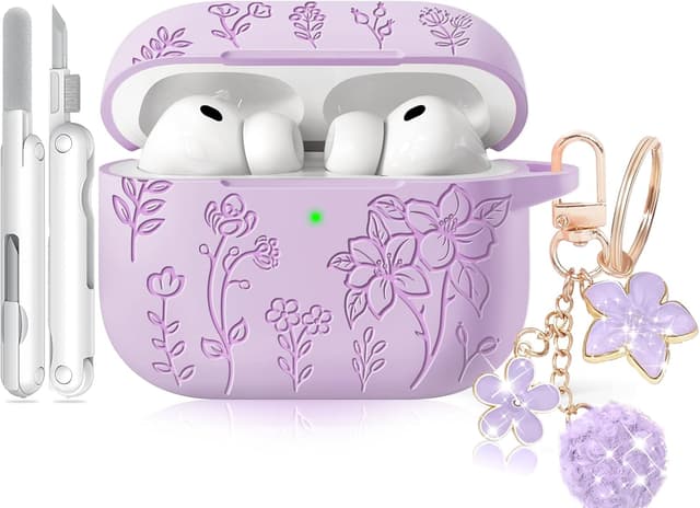 Thumbnail 6 de Flower Engraved Magnetic-Lid Silicone Case for AirPods Pro 3 (2025) with Keychain & Cleaning Kit