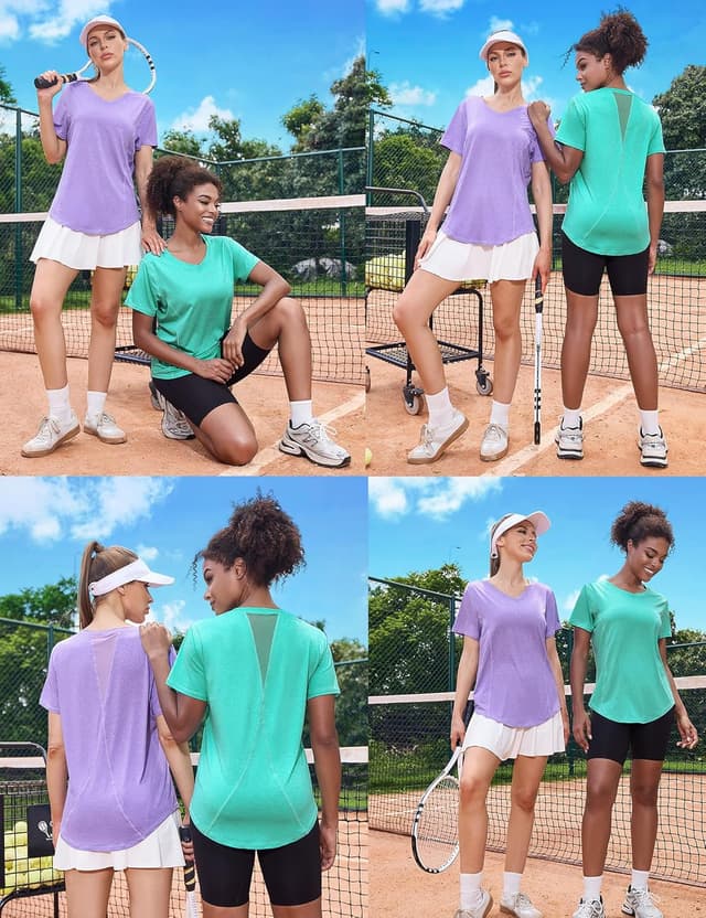 Detalle 2 de Gyabnw maglietta sportiva donna con scollo a V, manica corta e rete traspirante