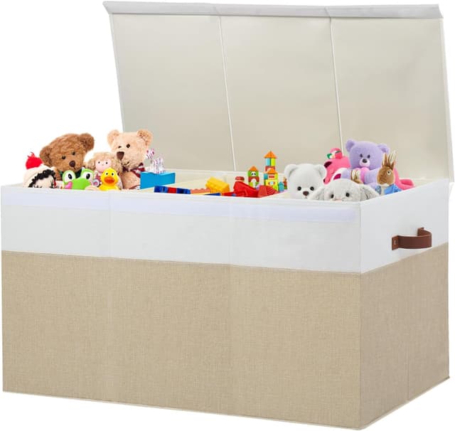 Detalle de Gowee Extra Large Toy Storage Box with Lid (35.5" x 17" x 17") — Beige and White