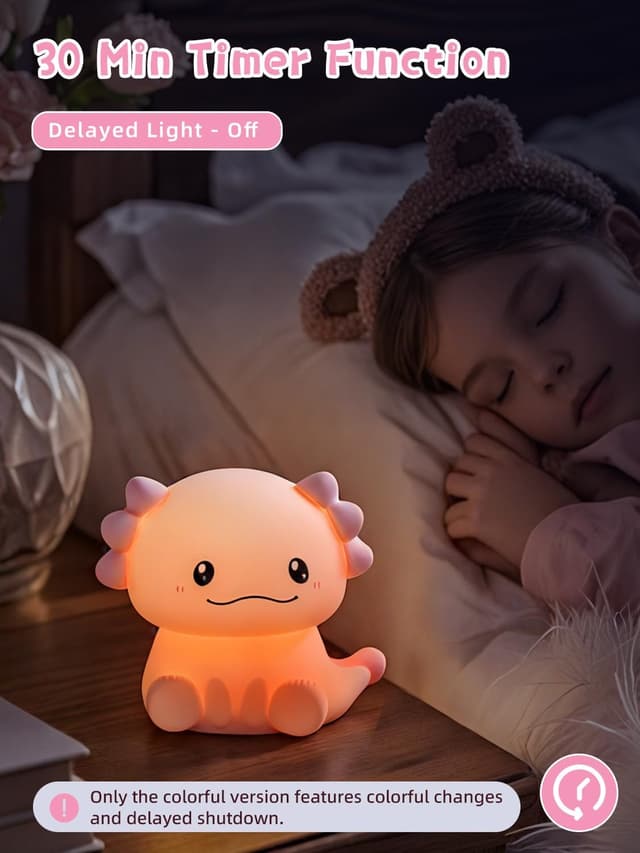 Detalle de Wrischan Axolotl Night Light Kids – Soft Silicone Rechargeable LED Lamp with 7 Colours & 30‑Minute Timer