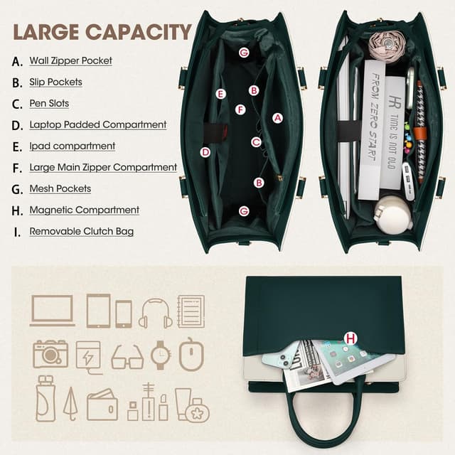 Detalle de RAINSMORE waterproof leather-look laptop tote bag for women (15.6 inch) with detachable clutch