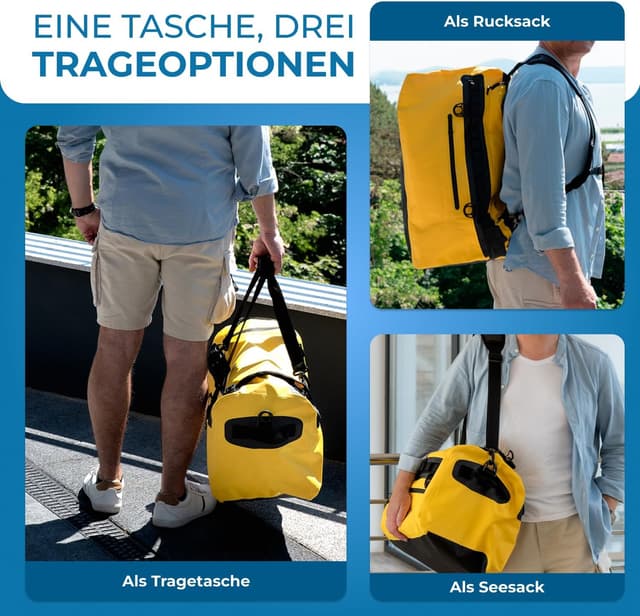 Detalle 2 de STYNGARD Reisetasche wasserdicht mit Rucksackfunktion „Hamburg“ (60 l) – 3in1 Duffle Bag, gelb