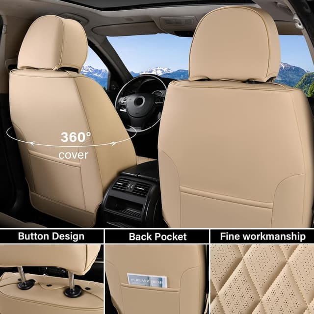 Detalle 2 de Coverado Front Seat Covers (Beige) — Luxury Faux Leather Waterproof Car Seat Protectors for Front Seats