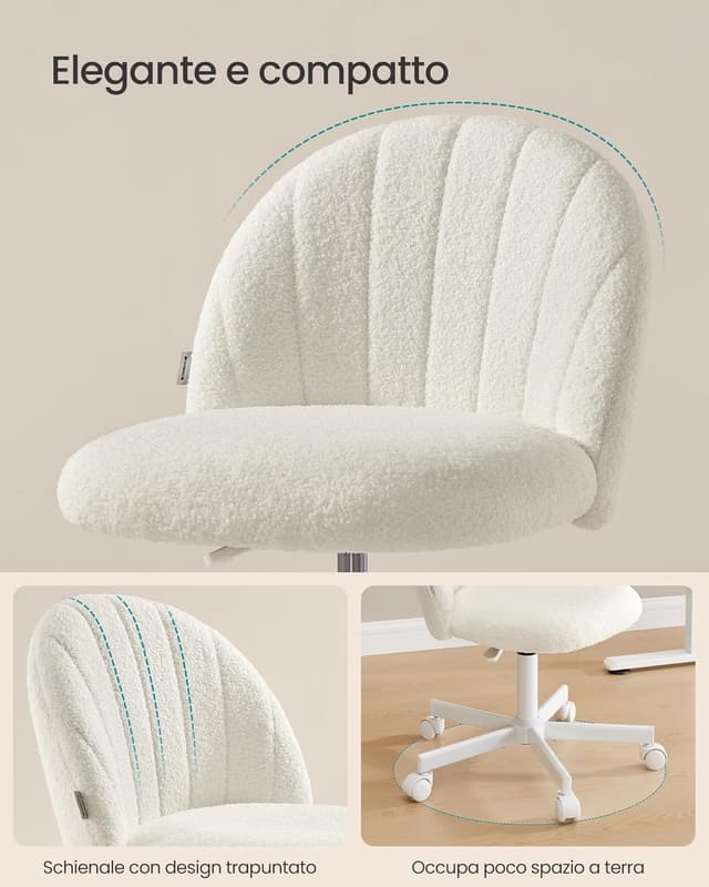 Detalle de SONGMICS OBG027WD01 sedia da ufficio in tessuto peluche regolabile in altezza (bianco crema)