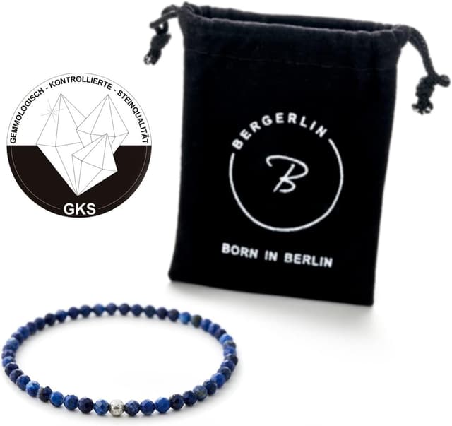 Detalle 2 de BERGERLIN Echtes Naturstein-Perlenarmband aus Lapislazuli mit 925-Silberperle & Echtheitszertifikat – Unisex