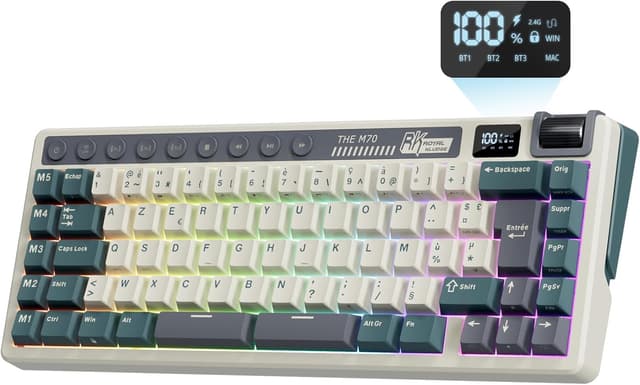 Detalle de RK Royal Kludge M70 – Clavier mécanique 75% sans fil triple connexion (AZERTY) avec macros, écran et hot-swap