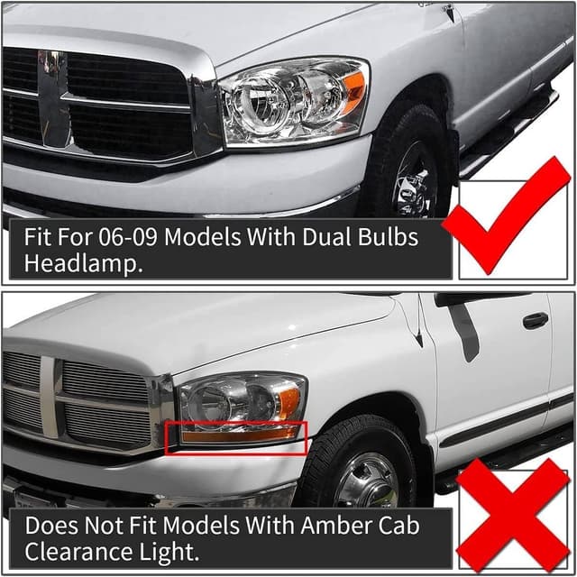 Detalle de ADCARLIGHTS Headlight Assembly Pair for 2006–2008 Dodge Ram 1500 and 2006–2009 Ram 2500/3500 (Clear Lens, Chrome Housing, Amber Reflector) — W/O Bulbs