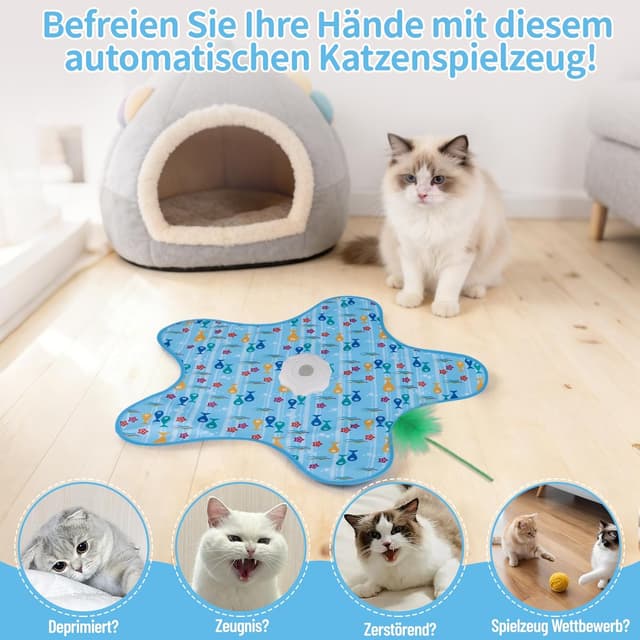 Detalle de Interaktives Katzenspielzeug mit Feder und Quietschmaus – USB wiederaufladbar, mit Versteckspiel & 3 Lichtmodi (blau)