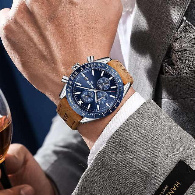 Detalle de NIBOSI Orologio da uomo analogico al quarzo cronografo con data e pelle