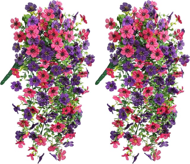 Detalle 2 de HyeFlora 2-Pack UV-Resistant Hanging Artificial Spring Flowers (Purple & Hotpink)
