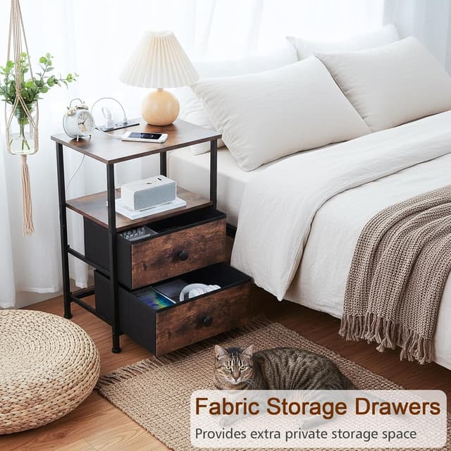 Detalle 2 de LOAKEKEL Night Stand Set of 2 with Charging Station, 2 Fabric Drawers and Storage Shelves
