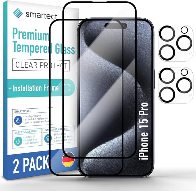 Detalle de smartect Verre Trempé pour iPhone 15 Pro (2+2 pièces) Full Screen Clear, écran + caméra, dureté 9H