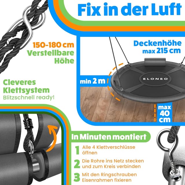 Thumbnail 6 de ELONEO Nestschaukel Outdoor & Indoor (Ø 90 cm) – höhenverstellbare Tellerschaukel bis 200 kg mit Kissen & Zubehör-Set