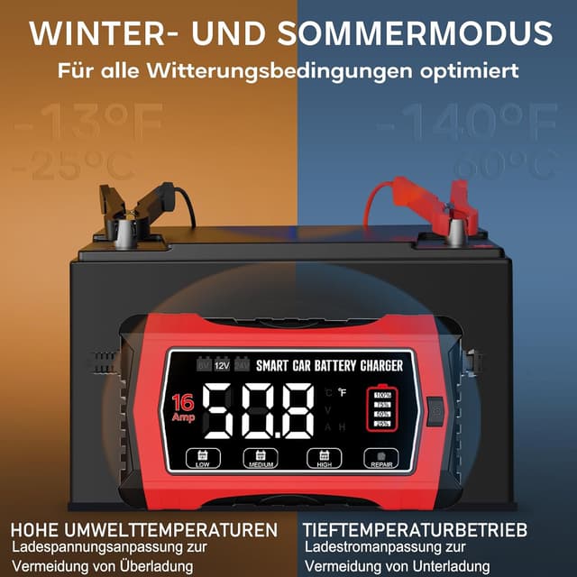 Detalle 2 de Haisito 16A Autobatterieladegerät für 6V/12V/24V mit LCD – Erhaltungsladung & Entsulfatierung für AGM, LiFePO4 und Blei-Säure