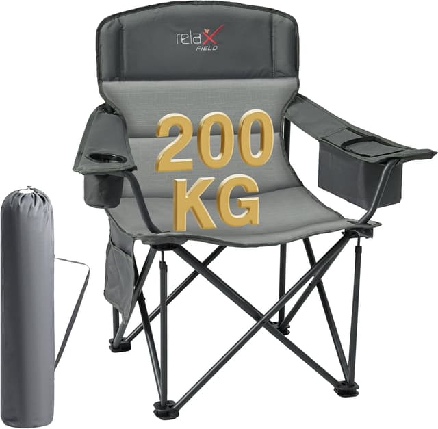 Detalle de RELAX FIELD faltbarer Campingstuhl mit hoher Rückenlehne, bis 200 kg, Getränkehalter und Kühltasche (Grau)