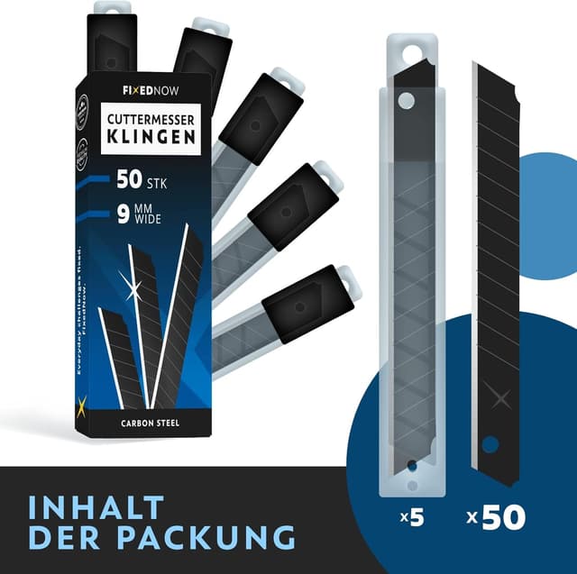 Detalle de FixedNow 50 x Cuttermesser-Klingen 9 mm extra scharf aus japanischem Carbonstahl (Abbrechklingen)