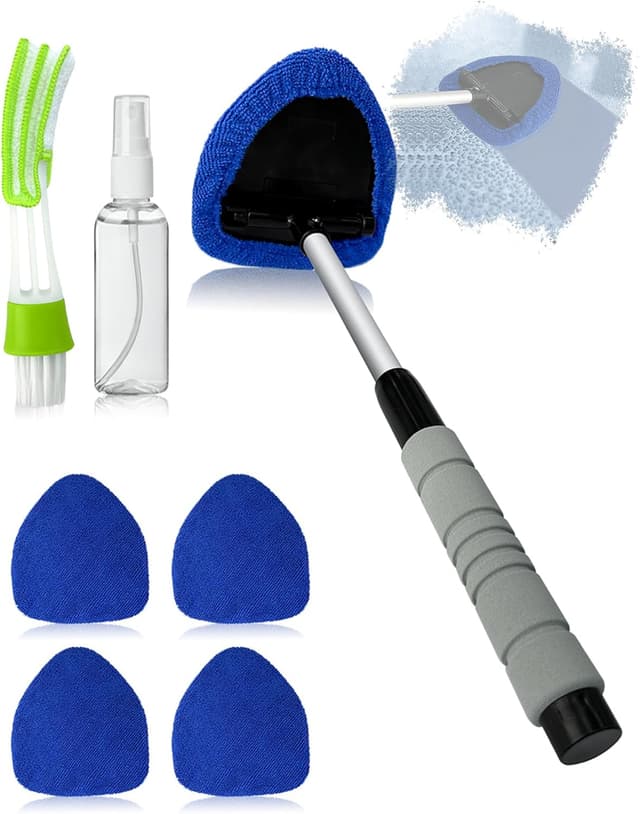 Detalle de JHCHAN car inside windscreen cleaner tool with extendable handle, triangular head and 5 microfibre cloths