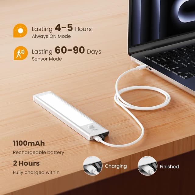 Detalle de TANSOOL+ 20cm Under-Cabinet Kitchen Lights (2-pack) with Motion Sensor, USB-C Rechargeable LED