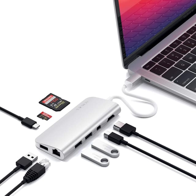 Detalle de SATECHI USB-C Multimedia Adapter Hub mit 4K HDMI, Mini DisplayPort und 60W PD-Ladefunktion (Ethernet, USB 3.0, Micro/SD) – Silber