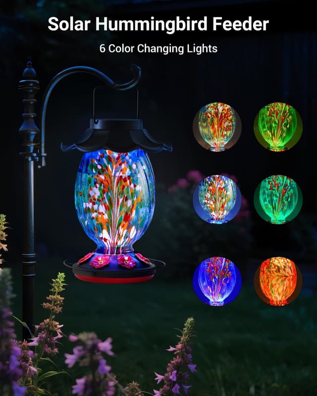 Detalle 2 de HouseSapp Solar Hummingbird Feeder (49 fl. oz) — Color-Changing Hand-Blown Glass, 7 Feeding Ports, Never Leak