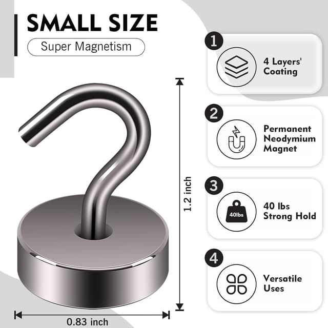 Detalle de Neosmuk Magnetic Hooks (Grey) – 40lb+ heavy-duty magnetic hooks for cruise cabins, fridge, and hanging