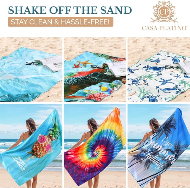 Detalle 2 de Casa Platino 6-Pack Oversized Microfibre Beach Towels (Sand-Free) – 71"x32" – Double-Sided Printed – Maslin