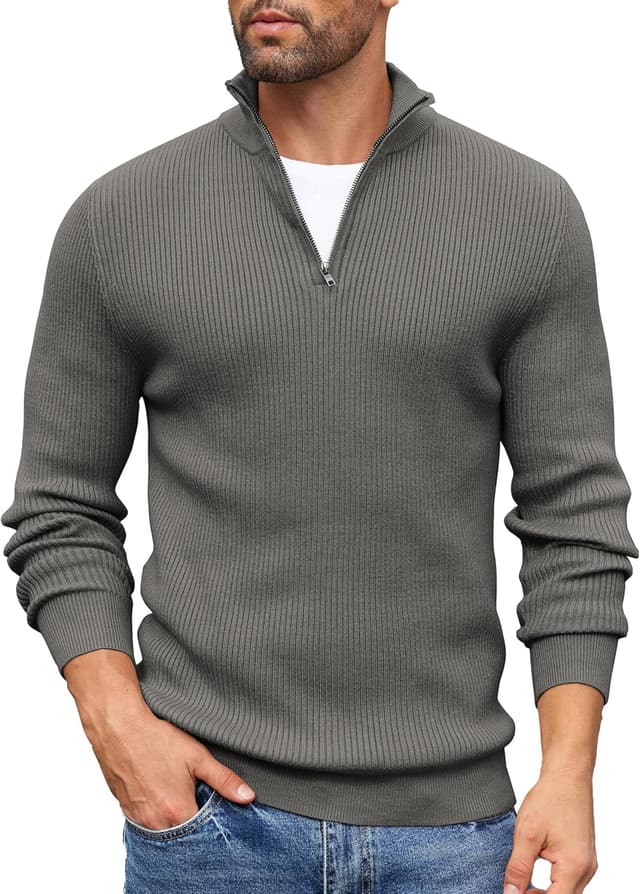 Detalle de COOFANDY Men’s Quarter Zip Mock Neck Knitted Jumper (Long-Sleeved, Slim Fit)