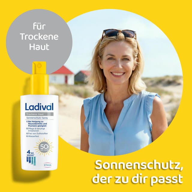 Detalle de Ladival Sonnenschutz Spray LSF 50+ für trockene Haut (bei Neurodermitis-Neigung) – wasserfestes Spray mit Hyaluronsäure, 150 ml