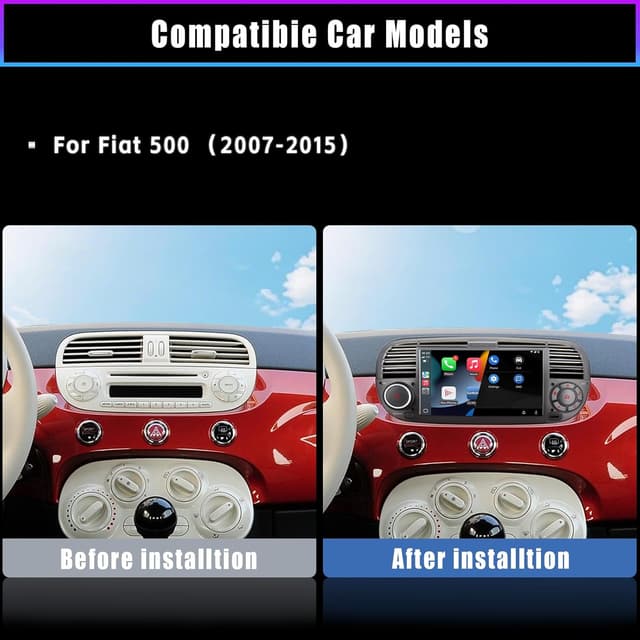 Detalle 2 de Autoradio doppio DIN per Fiat 500 con touchscreen, USB, Bluetooth, FM/AM e Linux (CarPlay/Android Auto wireless)